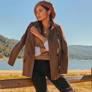 LE MARDI Brown Mocha Plaid Checker Two-Button Wool Blazer Coat